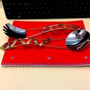 Copper and brass,Utensil serving set,fork and spoon.